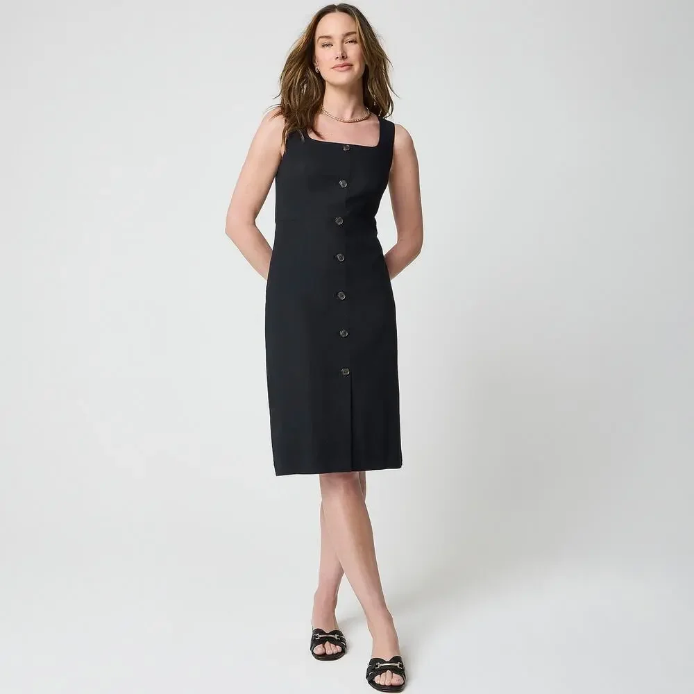 J.Crew Linen Cotton Blend Old Money Button Front Midi Dress Black 0